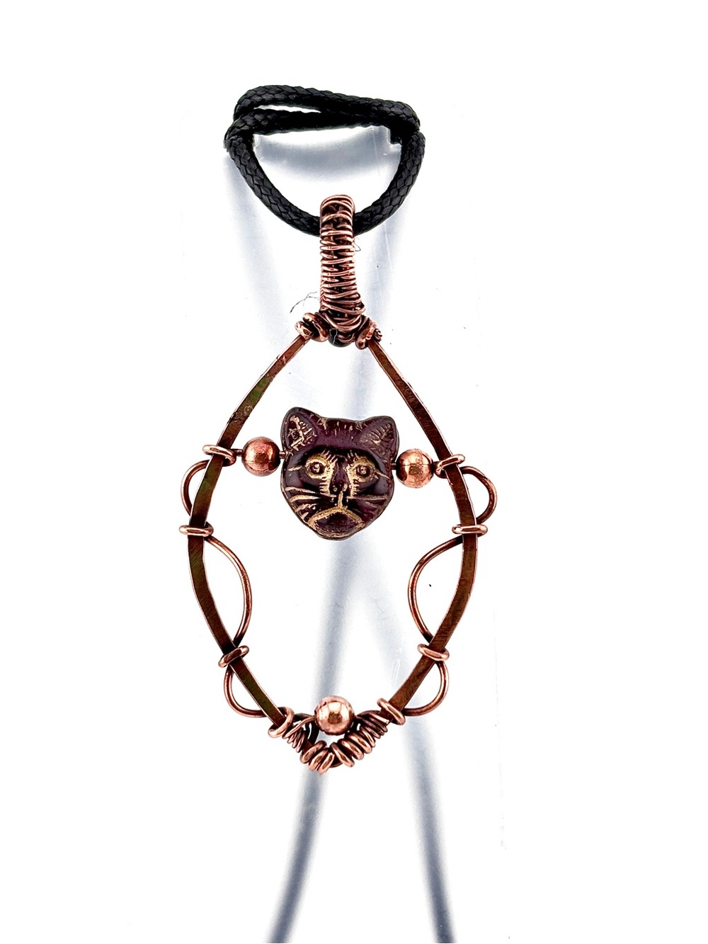 Handmade Vintage Cat Bead Copper Wire Wrapped Pendant Necklace, Cat Lover Gift